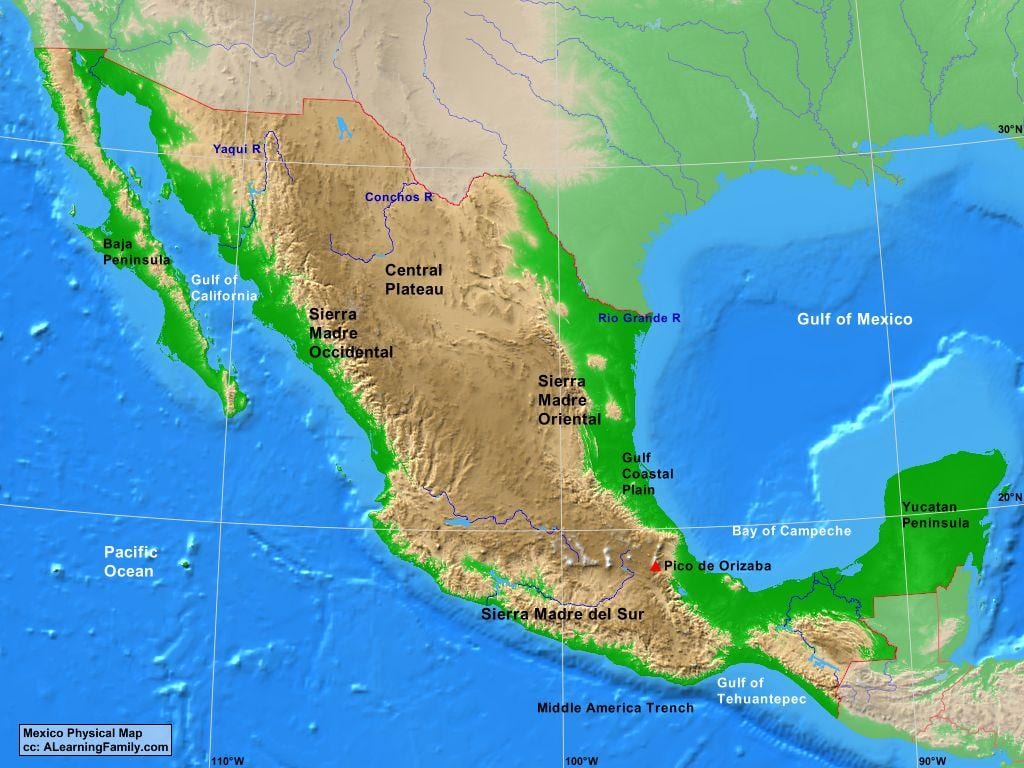 แผนที่ของเม็กซิโก landforms