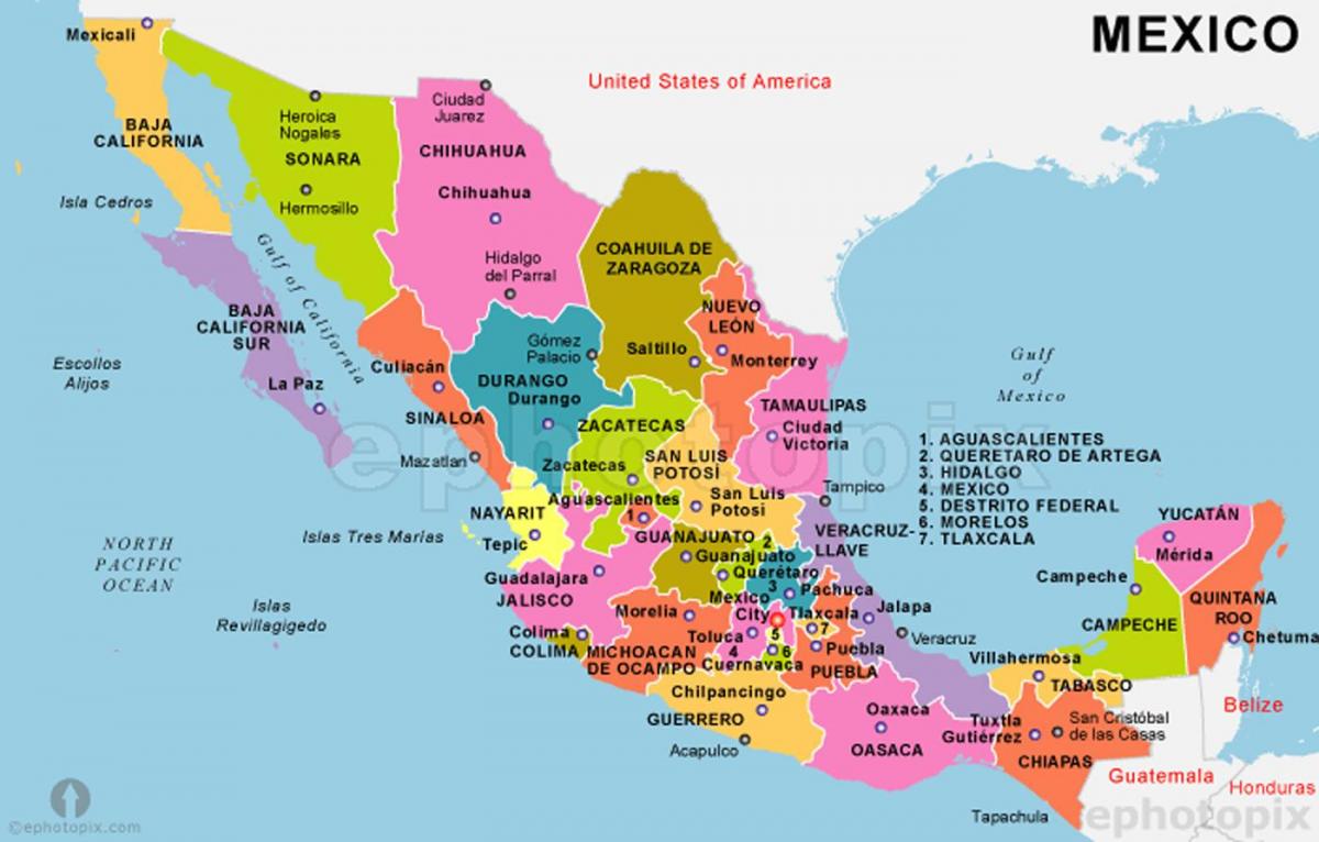 เม็กซิโกดูแผนที่กับรัฐและเมืองหลว