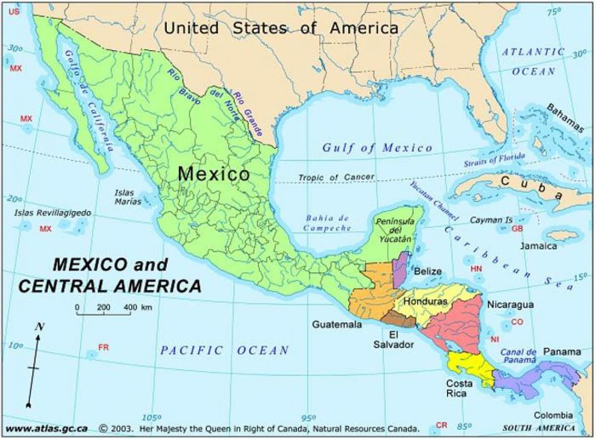 แผนที่เม็กซิโกและศูนย์กลางอเมริกา